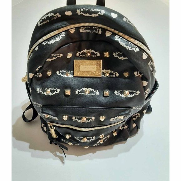 BETSEY JOHNSON Black White & Gold Large Heart Charm Backpack Roses Lining main image 7